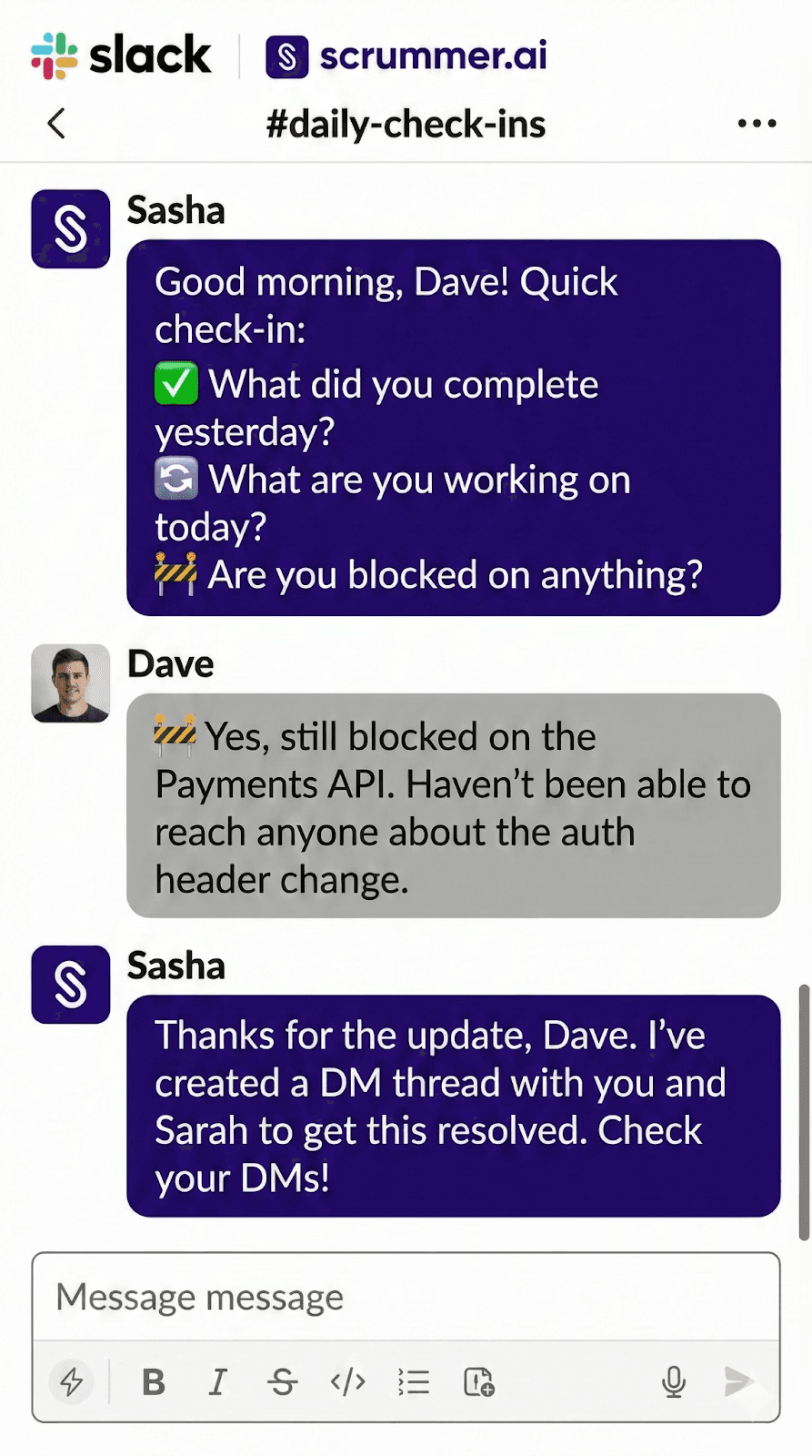 Daily check-in chat from Scrummer.ai asking a developer about completed work, current tasks, and blockers.