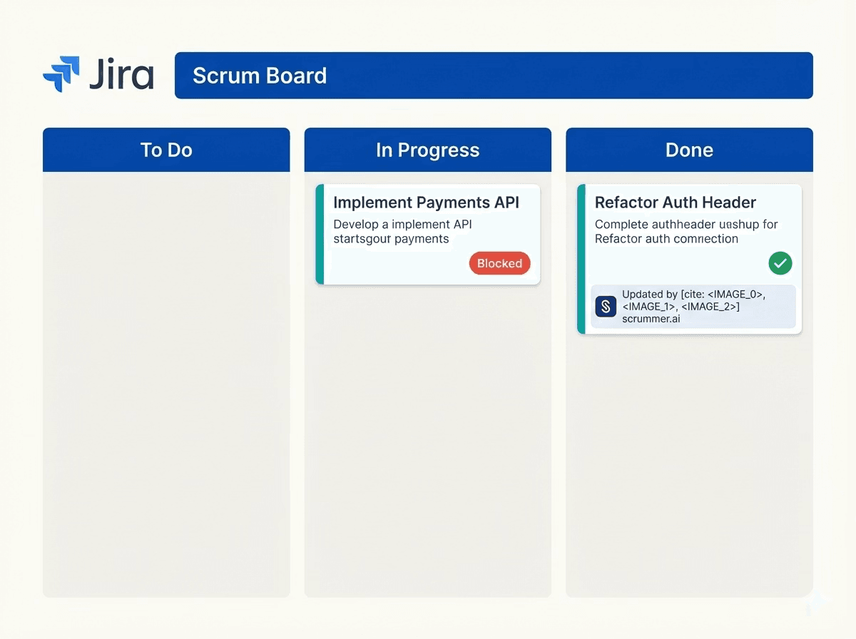 Generic kanban board with a blocked task transitioning to done and updated by Scrummer.ai.
