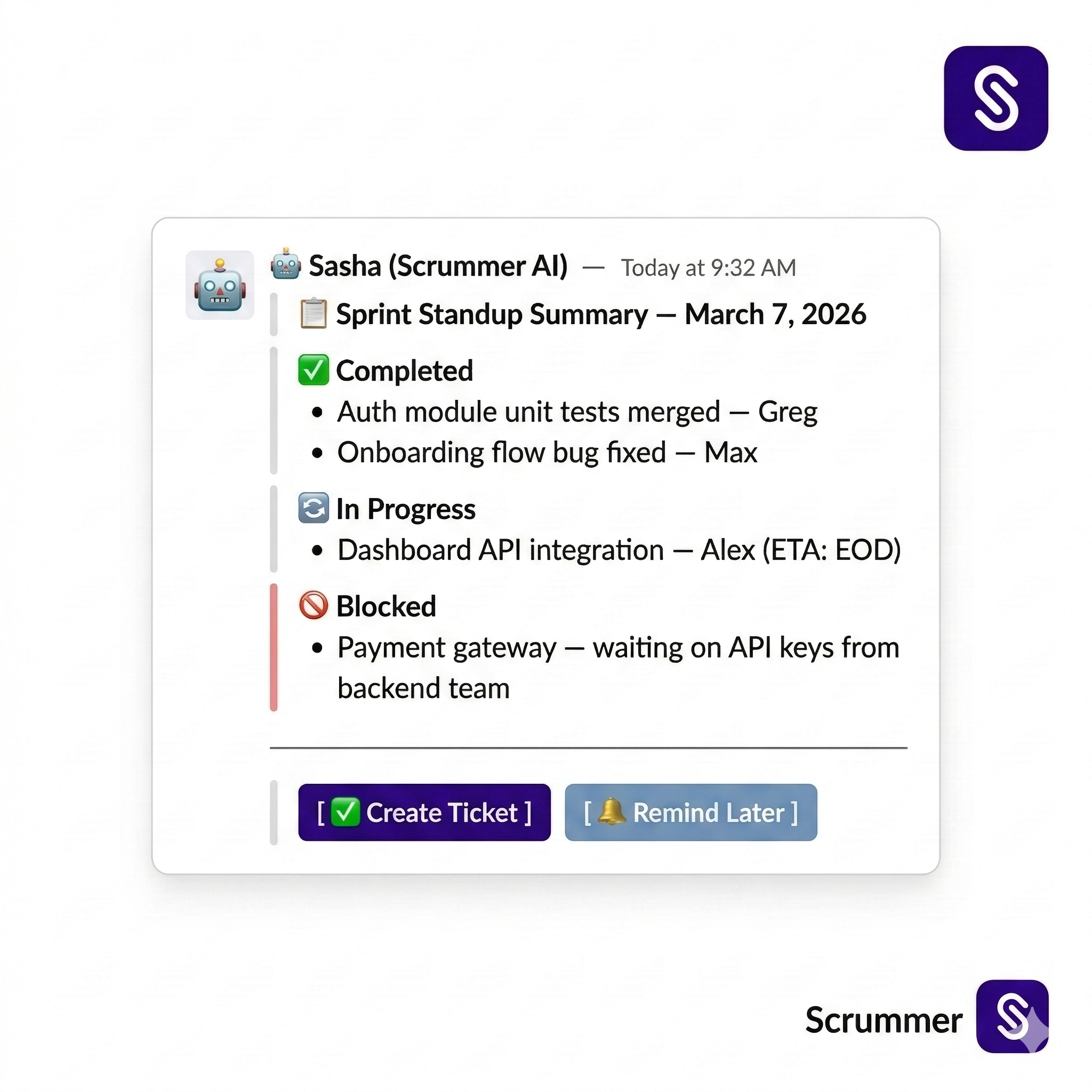 Scrummer AI standup summary with inline Jira ticket creation in Slack