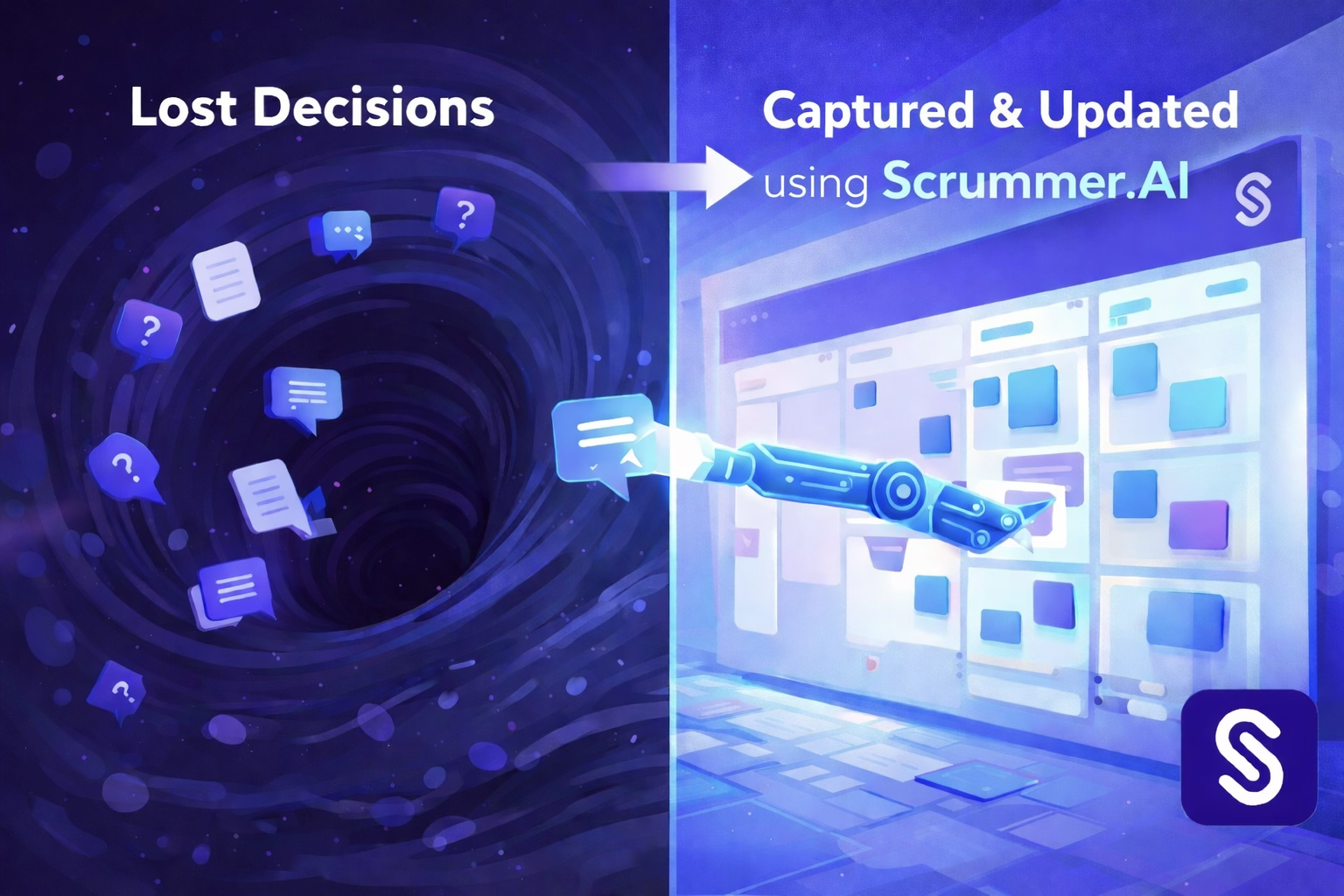 Diagram showing the black hole of Slack where decisions disappear between communication and execution