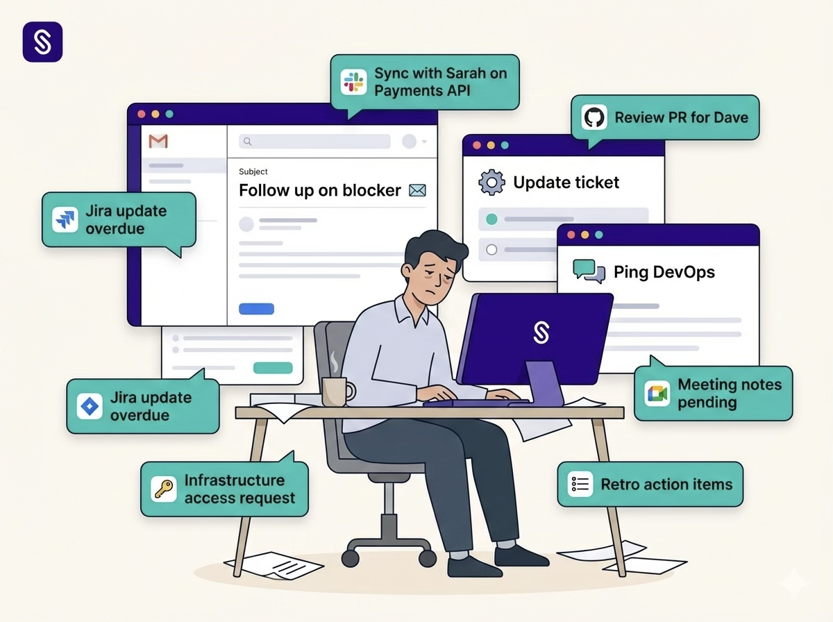Engineering manager overwhelmed by multiple messages and tasks representing the coordination tax after standup.