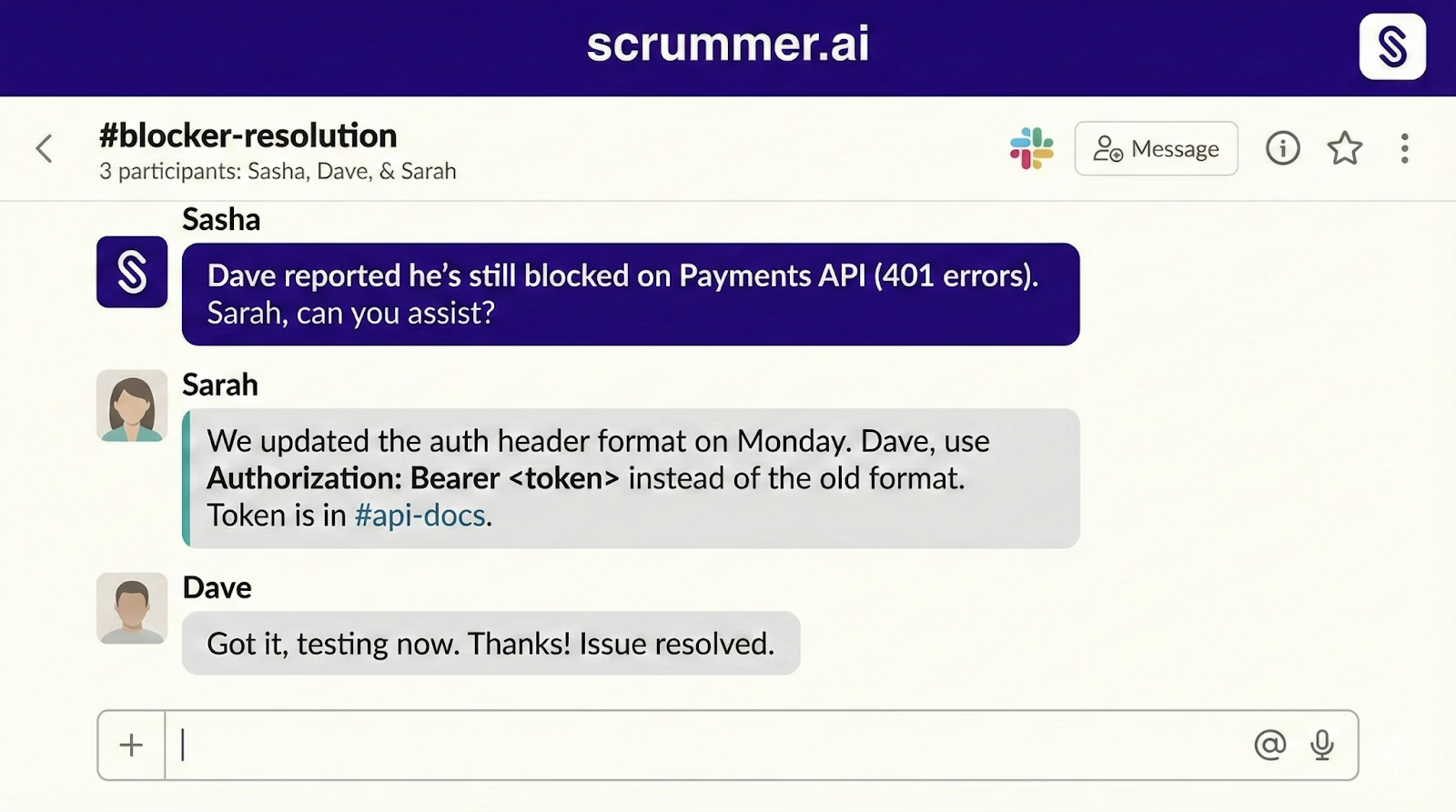 Scrummer.ai Sasha coordinating a chat thread between two teammates to resolve a standup blocker.