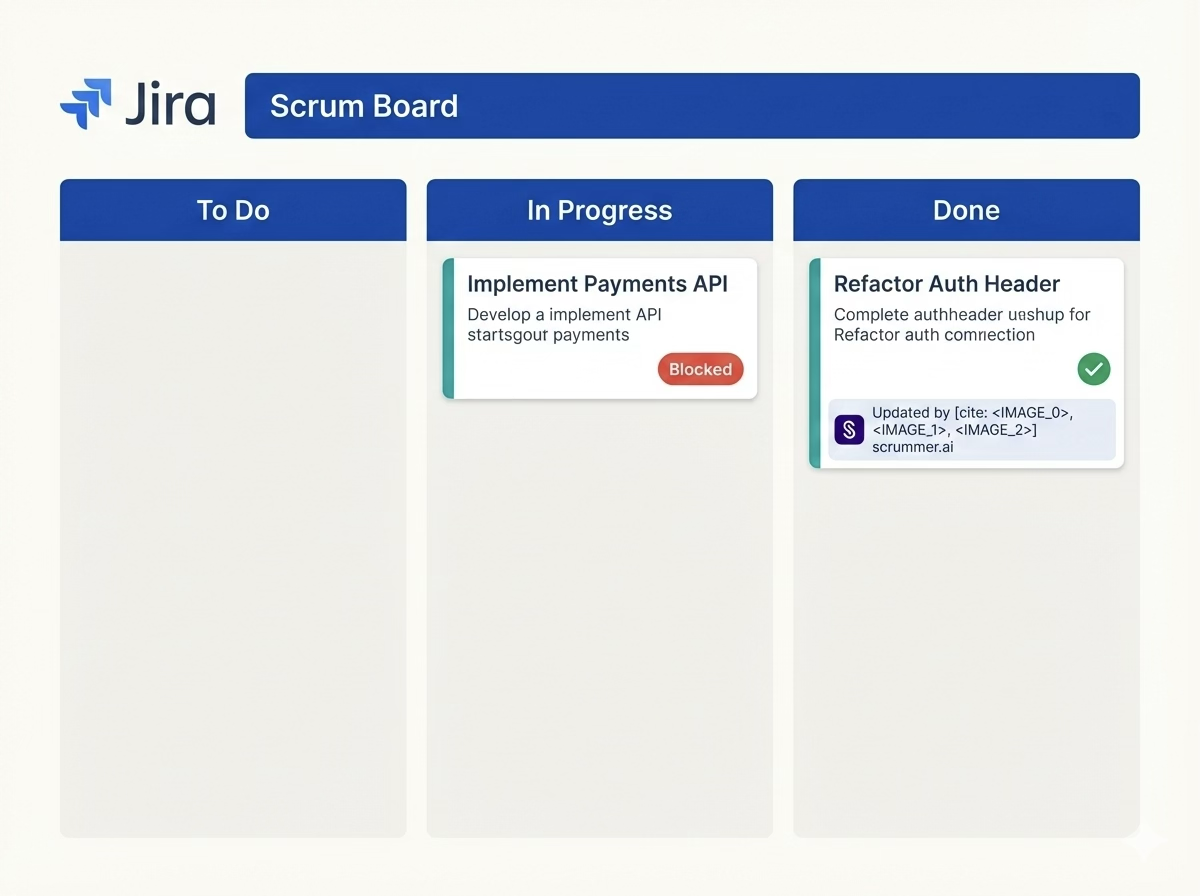 Generic kanban board with a blocked task transitioning to done and updated by Scrummer.ai.