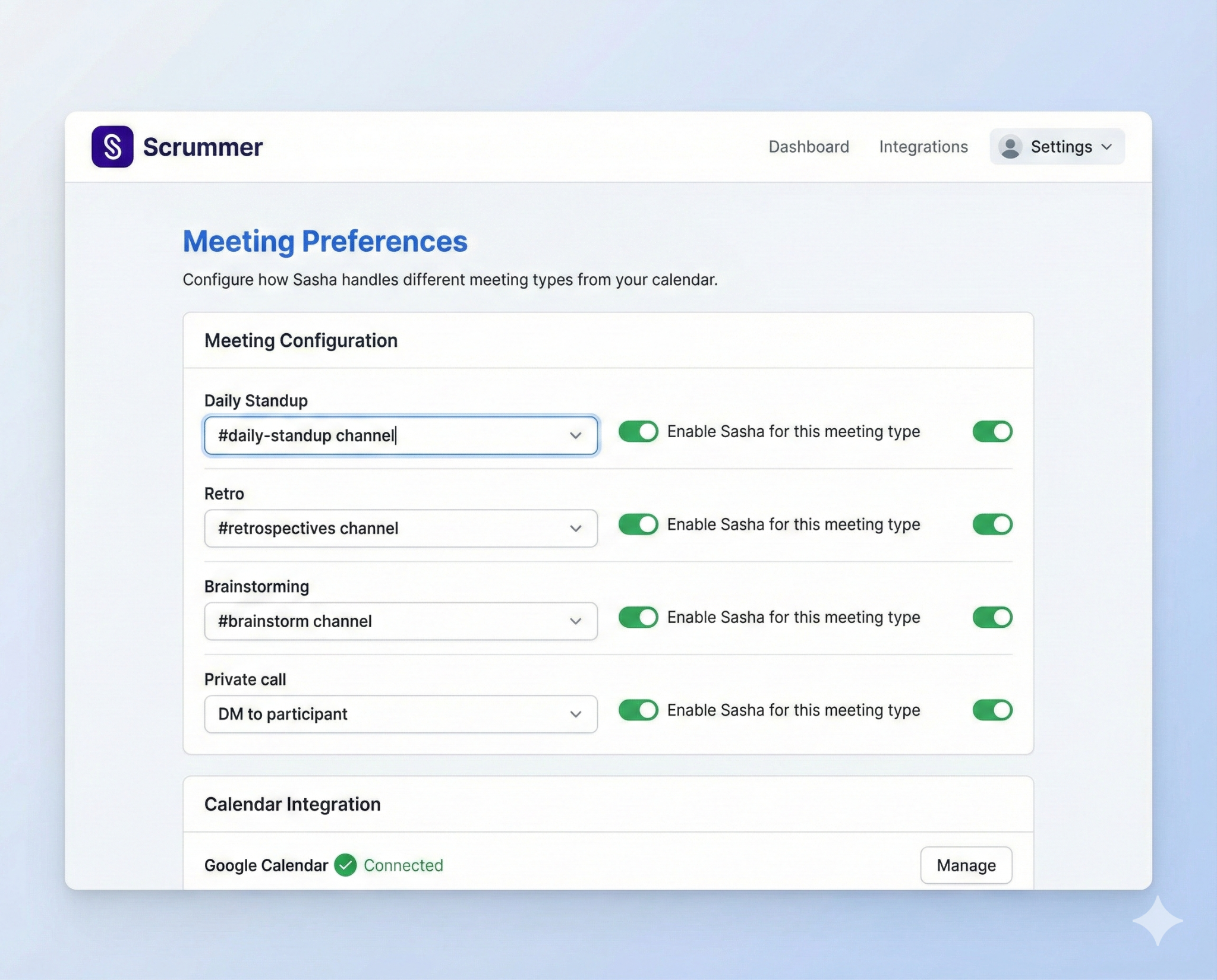 Scrummer AI meeting preferences showing standup retro brainstorming outputs to different Slack channels