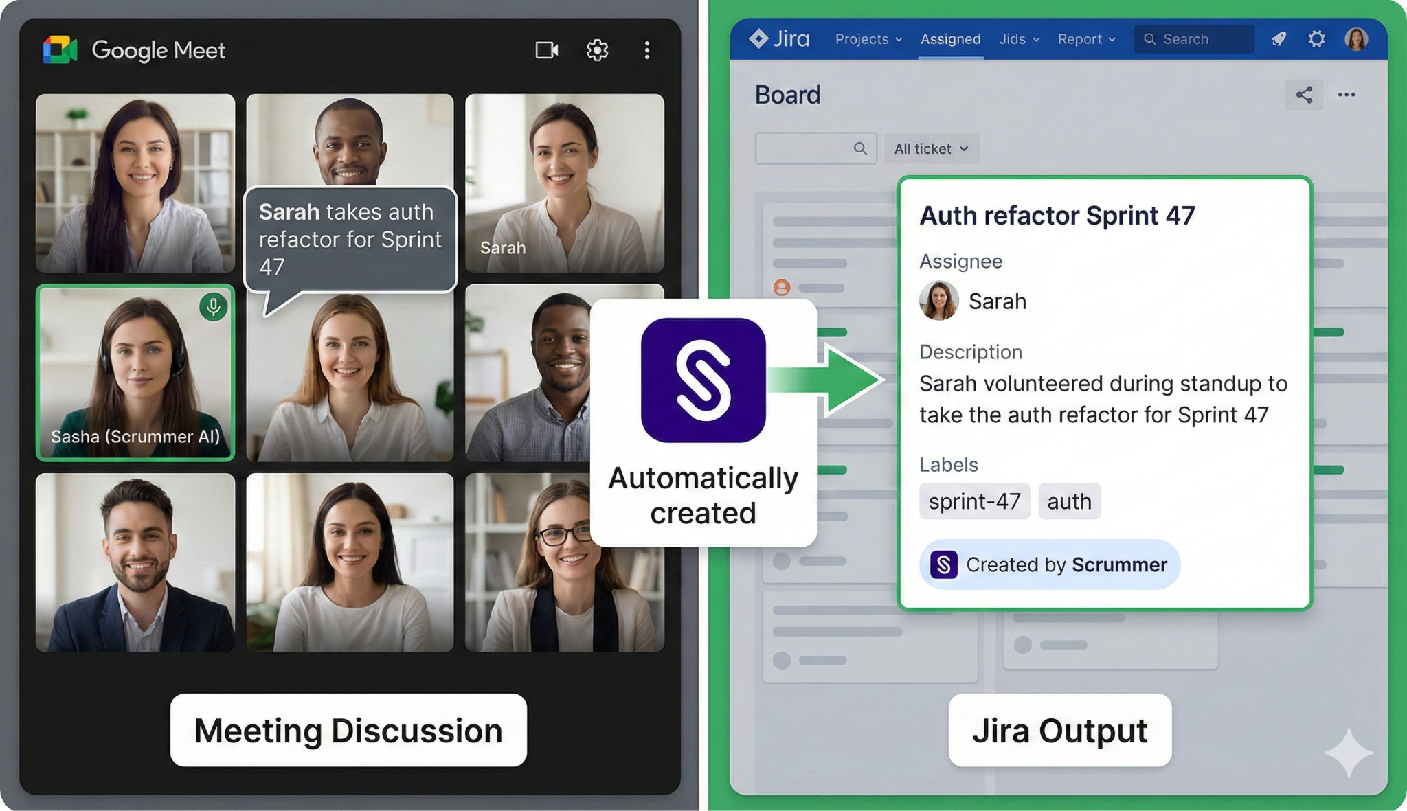 Scrummer AI capturing meeting discussion and automatically creating Jira ticket with assignee and sprint assignment